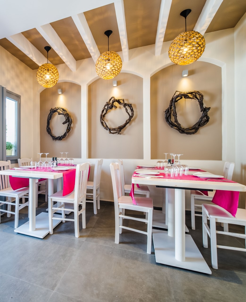 Ιnterior of our restaurant tables 4 Seasons restaurant Santorini